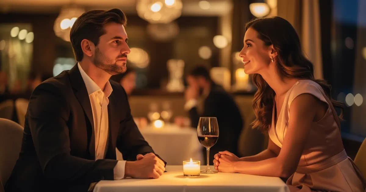 Мужчина и женщина сидят за столом, между ними свеча. Он задумчиво смотрит вдаль, она смотрит на него с надеждой.