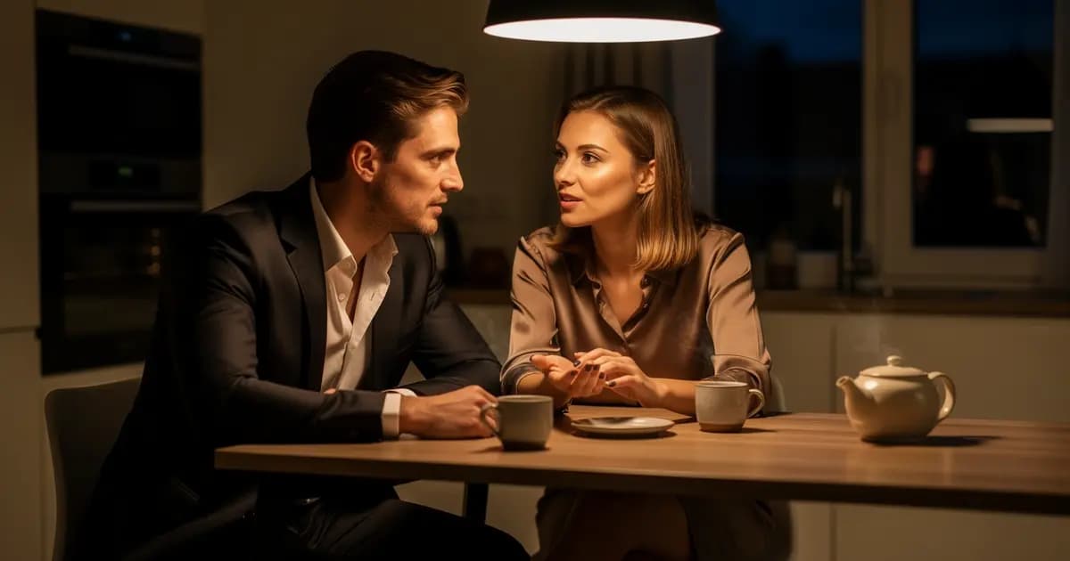 Пара в уютной домашней обстановке: мужчина и женщина разговаривают за чашкой чая на кухне при мягком свете вечерней лампы.