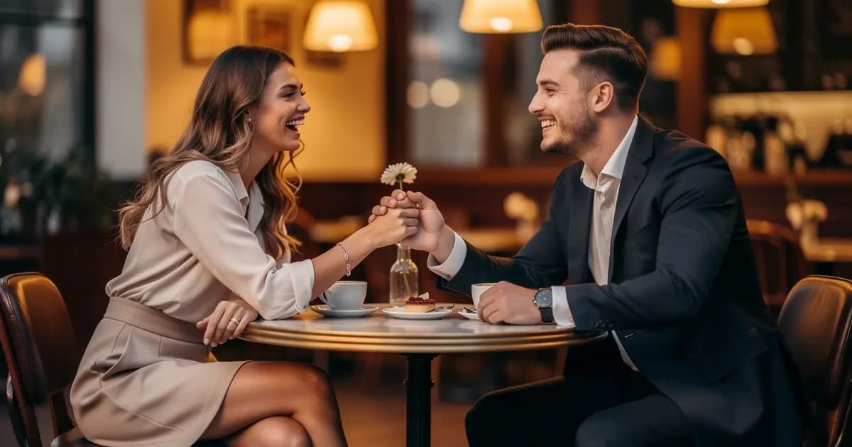 Пара смеётся вместе за столом, держась за руки, на фоне уютного интерьера.