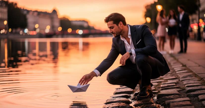Мужчина стоит на берегу реки, символически отпуская бумажный кораблик - метафора освобождения от обид.