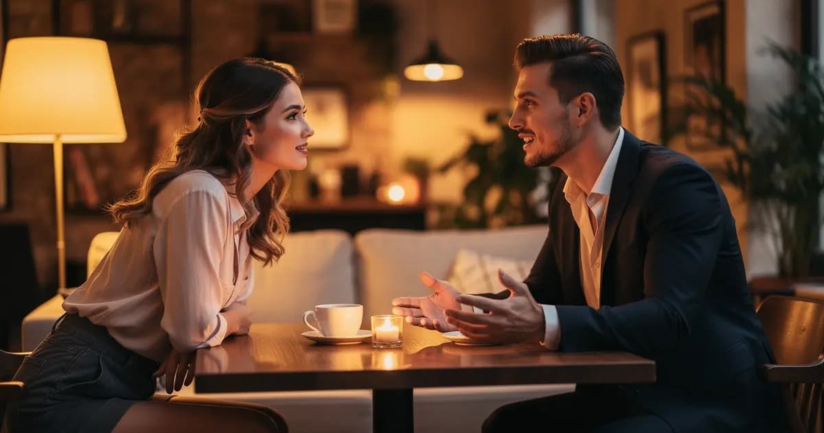 Мужчина и женщина разговаривают за столом, создавая атмосферу доверия и открытости в отношениях.