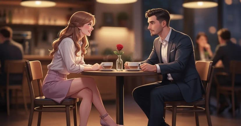 Иллюстрация пары за столом в кафе во время первого свидания, атмосфера романтики и уюта.