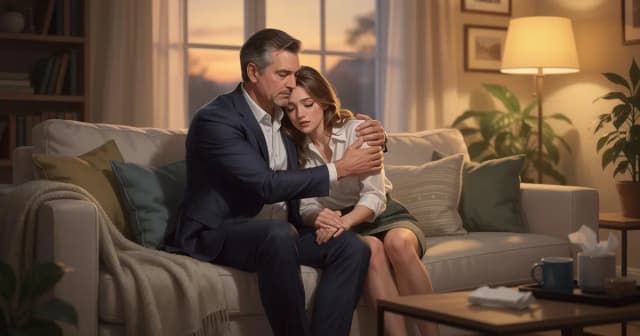 Мужчина обнимает расстроенную женщину, они сидят на диване. Иллюстрация эмоциональной поддержки в паре.