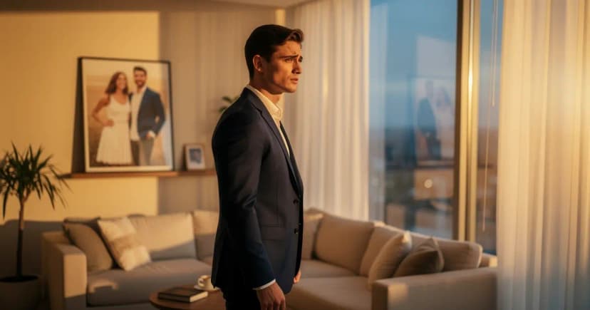 Иллюстрация: мужчина задумчиво смотрит в окно, символ внутреннего страха и закрытости в отношениях.