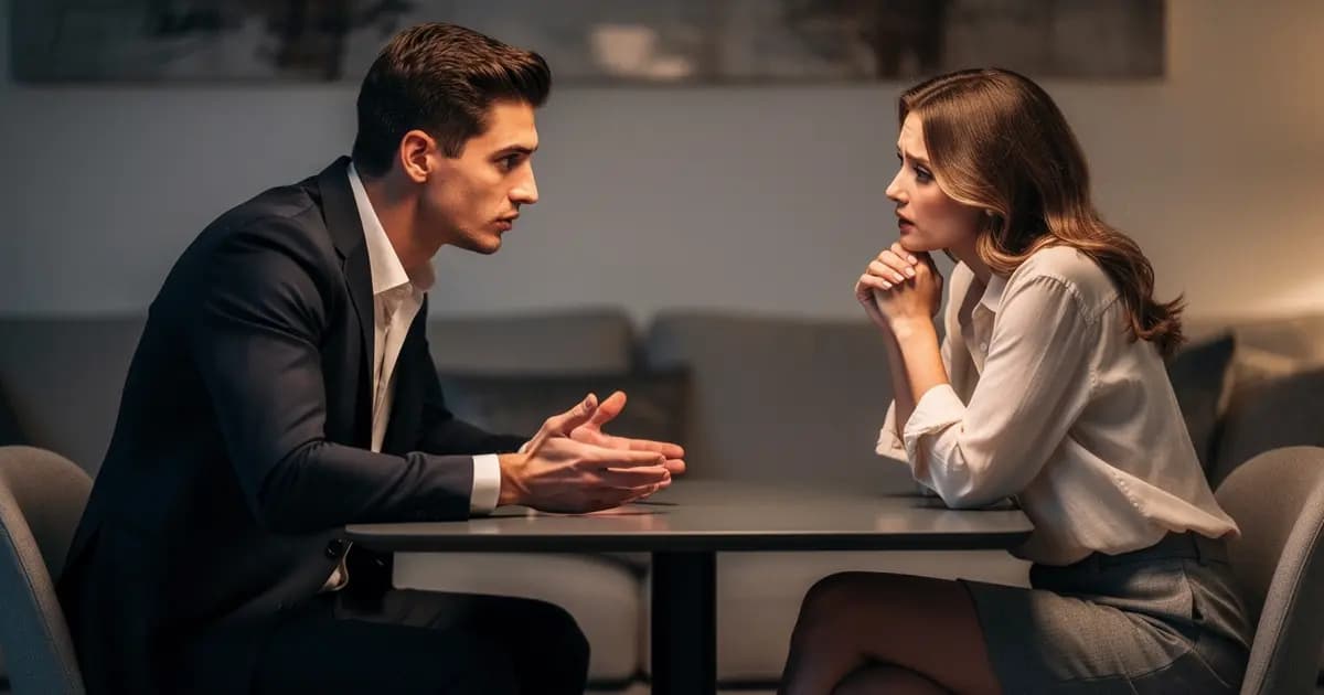 Пара сидит за столом и обсуждает распределение обязанностей. На столе лежат блокнот и ручка, видны эмоции на лицах.