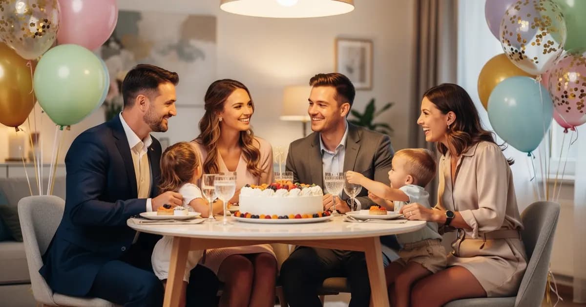 Счастливая семья за праздничным столом, украшенным тортом и воздушными шарами.
