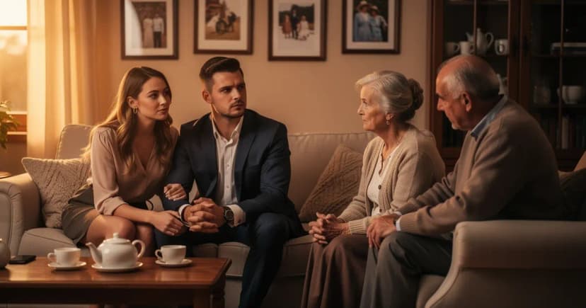 Молодая пара разговаривает с пожилыми родителями в гостиной, атмосфера напряженная, но с надеждой на понимание