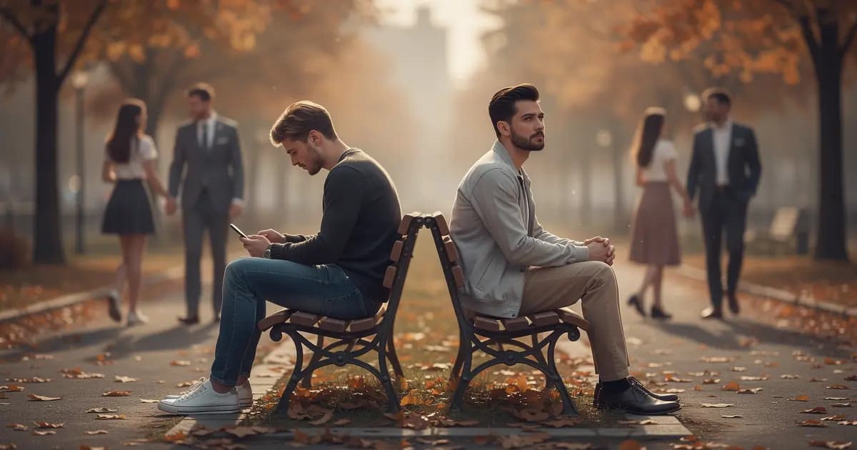 Двое мужчин сидят спиной друг к другу на разных скамейках в парке, символизируя конец дружбы