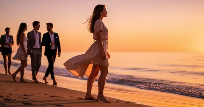 Иллюстрация женщины, стоящей на берегу океана, символизирующей свободу от эмоциональной зависимости.