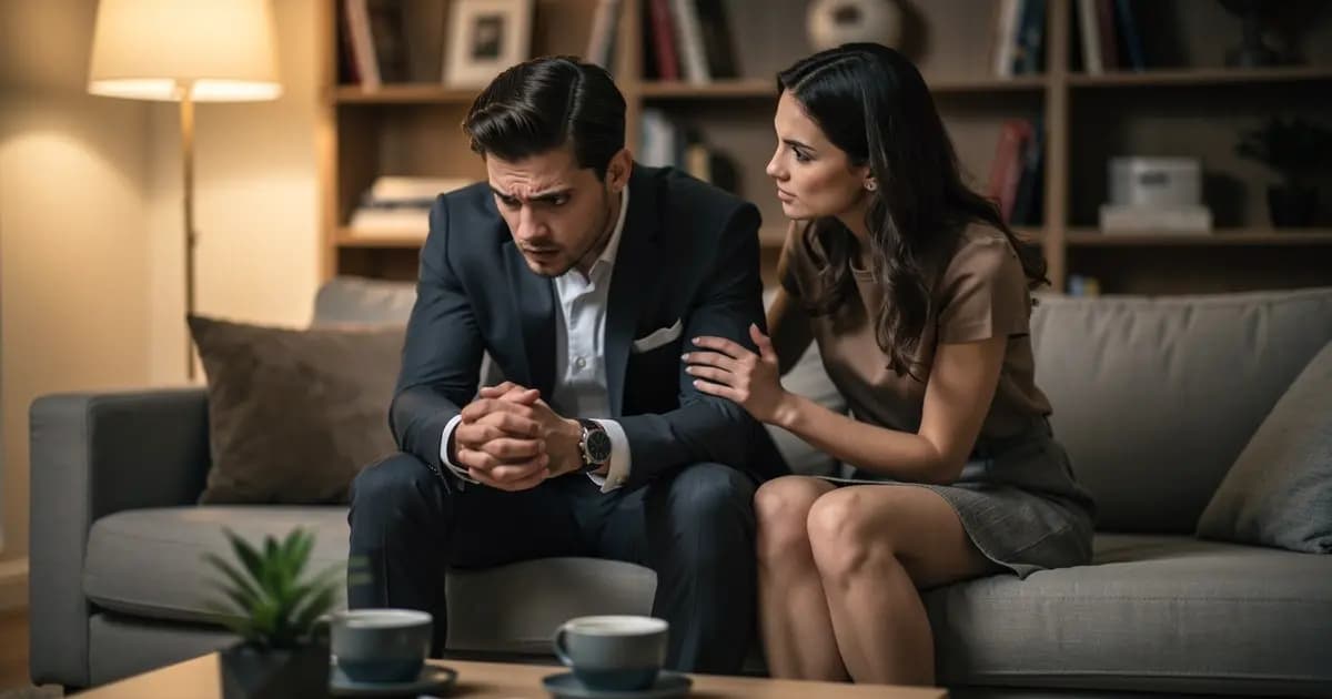 Двое людей сидят на диване, один выглядит тревожно, другой пытается поддержать. На заднем плане — уютная комната с мягким светом.