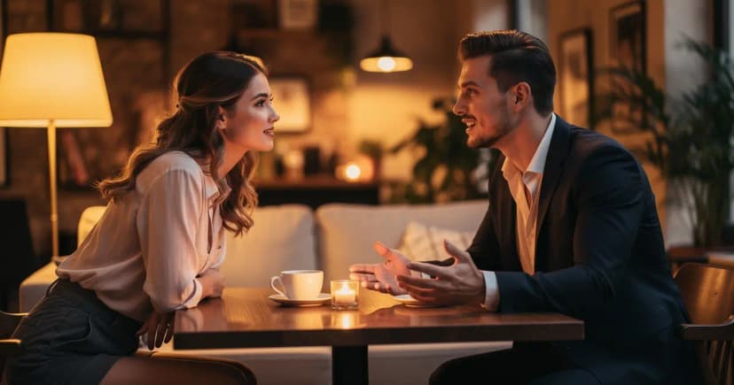 Мужчина и женщина разговаривают за столом, создавая атмосферу доверия и открытости в отношениях.