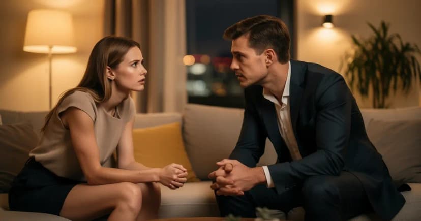 Мужчина и женщина сидят в уютной обстановке, обсуждают что-то важное. Напряжение и искренность в глазах.