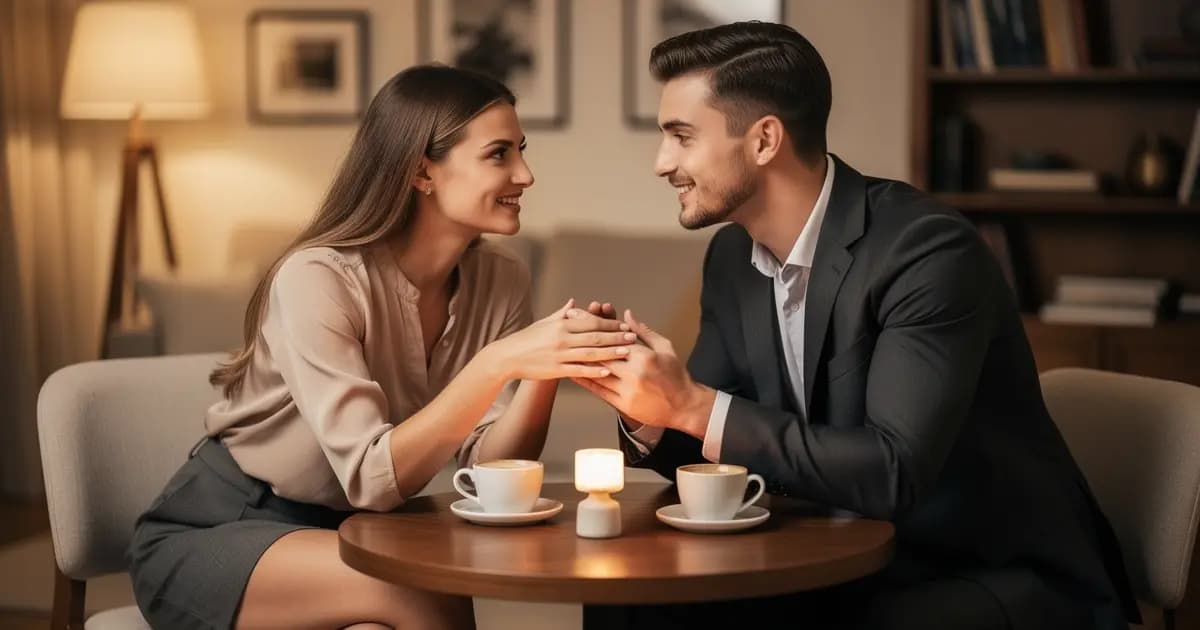 Мужчина и женщина ведут задушевный разговор за столом с чашками кофе, создавая атмосферу доверия и близости.