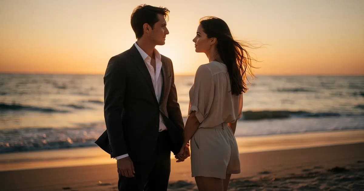 Мужчина и женщина стоят на берегу моря на закате, держась за руки. Они смотрят вдаль, создавая ощущение глубокой связи.