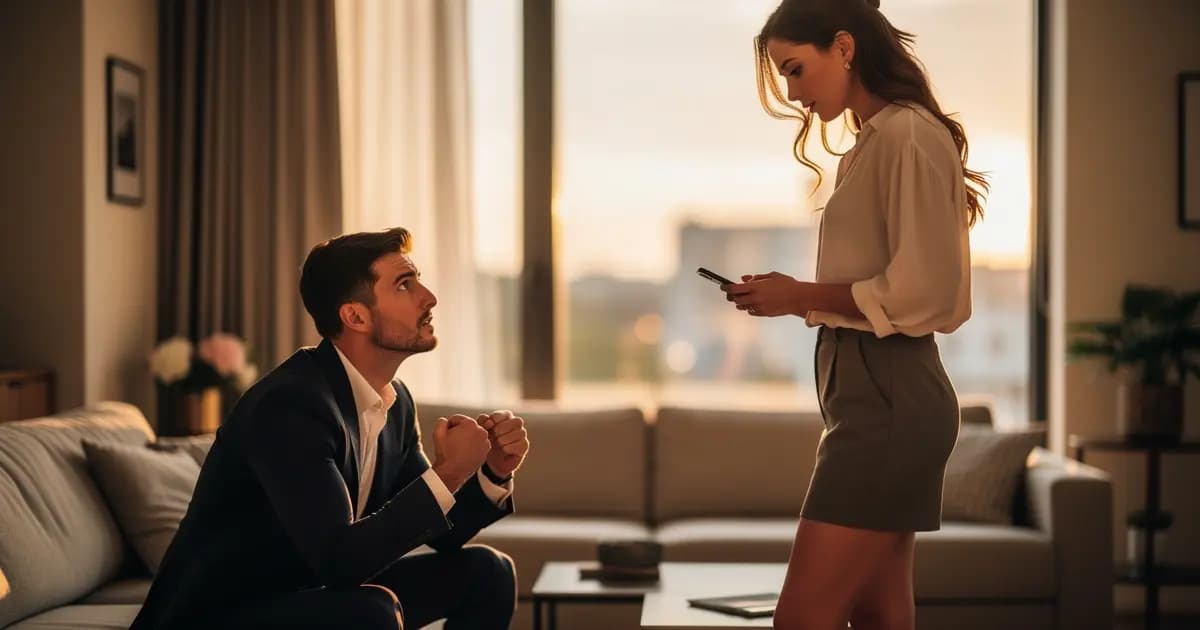 Пара в напряженном разговоре: мужчина с ревнивым выражением лица, женщина выглядит уставшей от объяснений